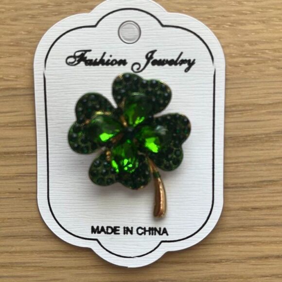 Green Jewelry Rhinestone Crystal Four Leaf Clover Brooch - Picture 3 of 5